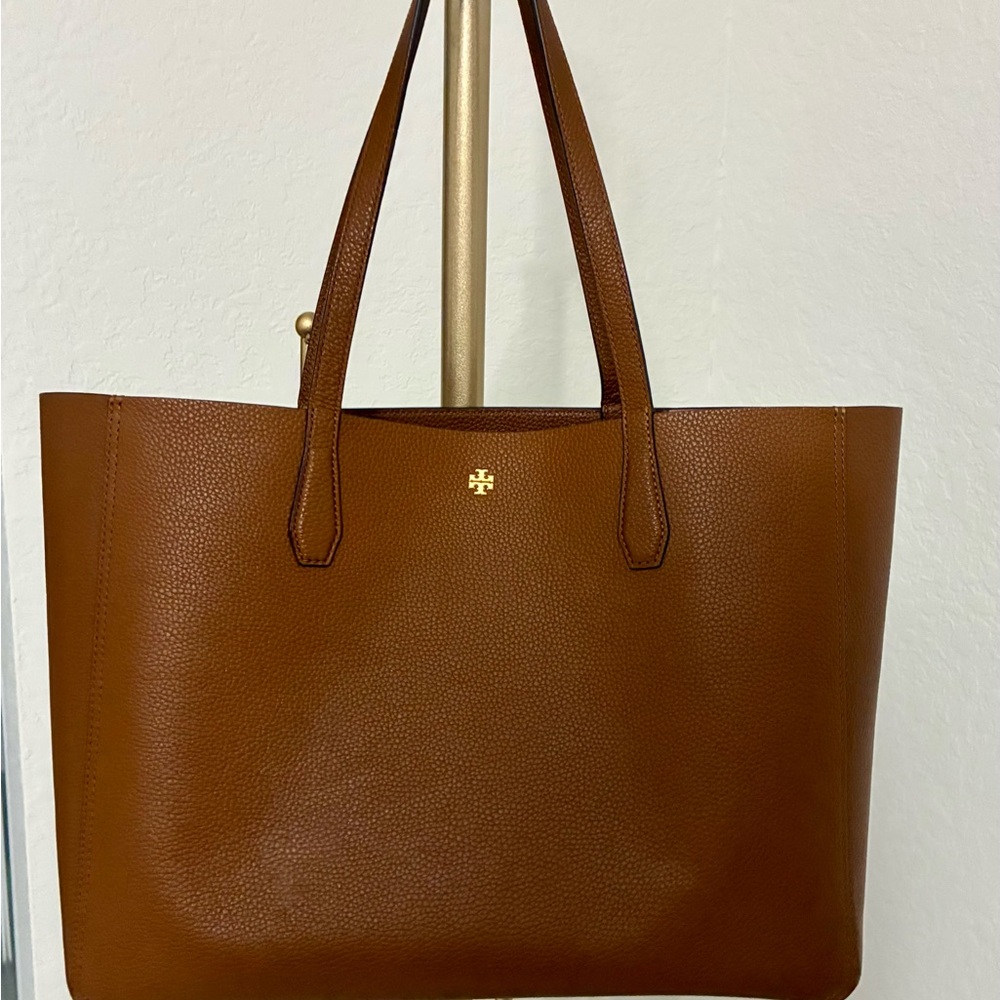 Tory Burch Cognac Pebbled Leather Tote with Gold Logo